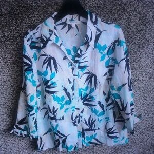 Women's White & Teal Floral Button-Front Blouse